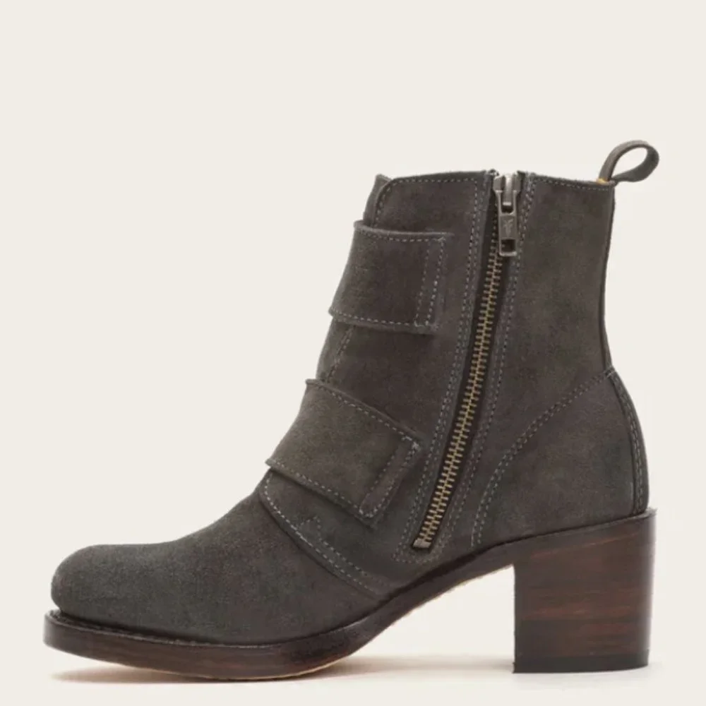 $399 Frye Sabrina Double Buckle Academia Grey Suede Leather Block Heel AnkleBoot - Picture 2 of 16